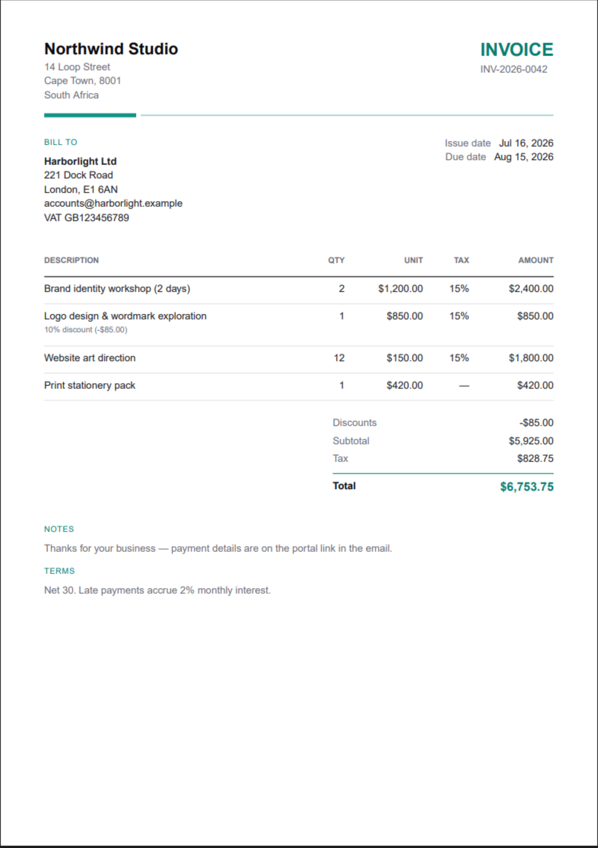 Classic invoice template — Clean and conventional. The safe choice for any client.