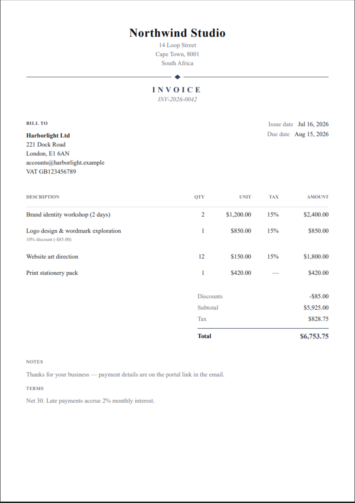 Elegant invoice template — Serif type with fine rules and a printed-stationery feel.