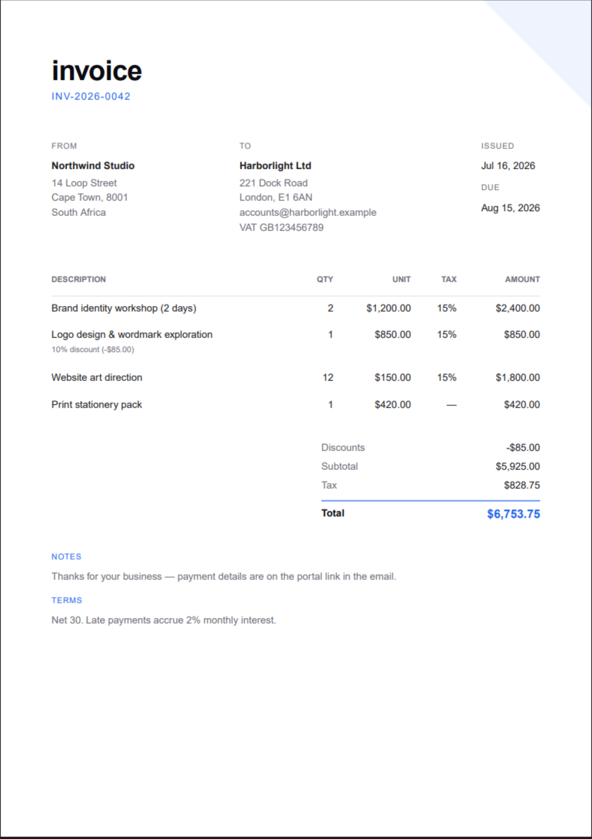 Minimal invoice template — Quiet typography, lots of air, no heavy rules.