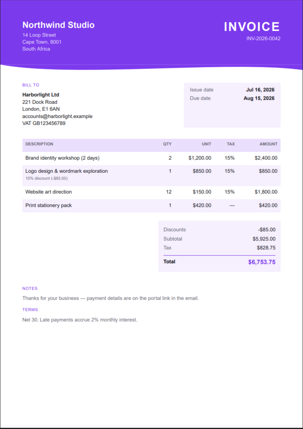 Modern invoice template — A full-width colour band with your logo reversed out of it.