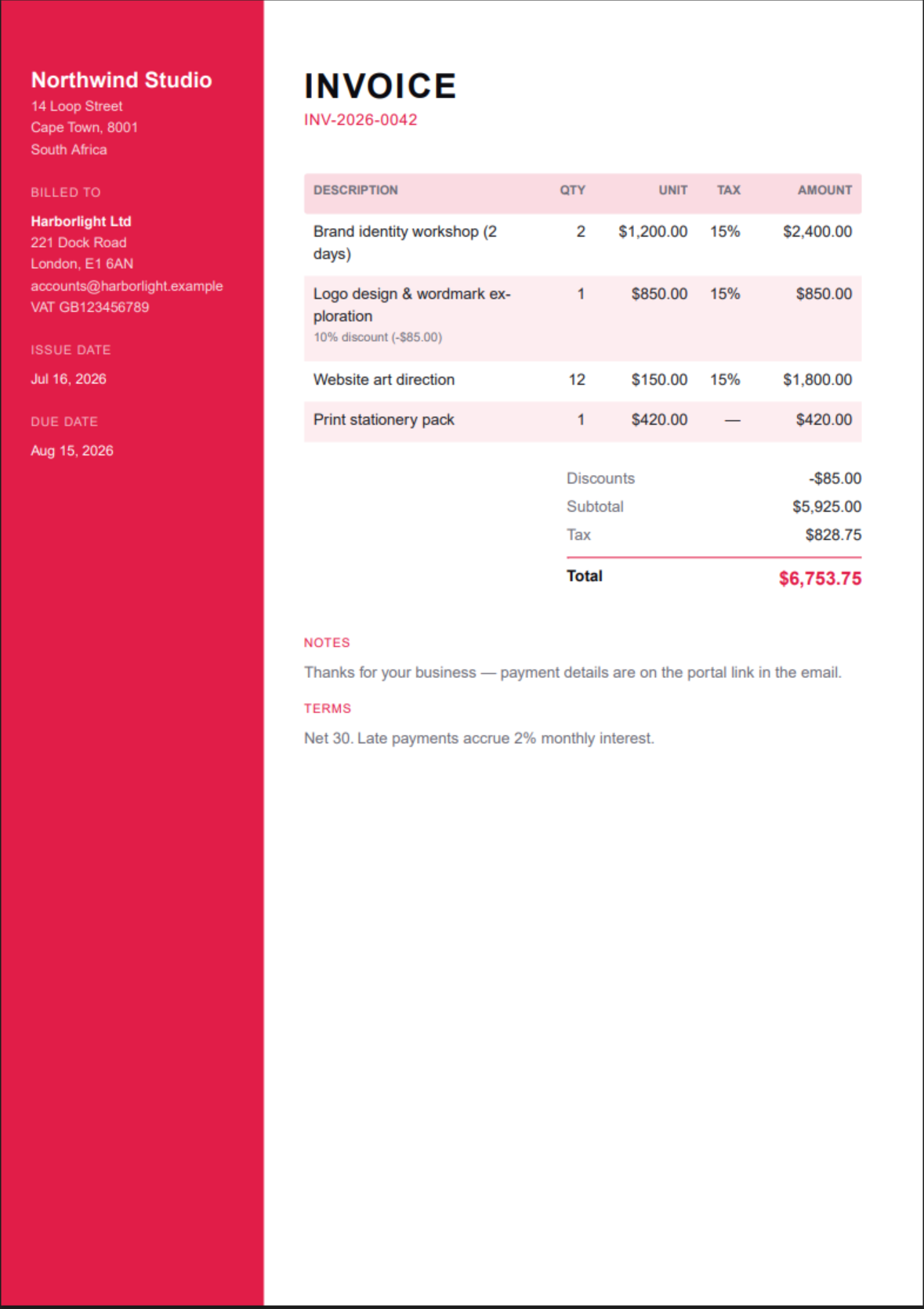 Sidebar invoice template — A coloured rail down the left holding your details and totals.